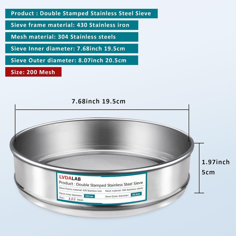 LVDALAB 304 Stainless Steel Mesh Lab Sieve, 200 Mesh (0.075mm) Aperture Test Sieve, 7.9Inch(20cm) Diameter Economy Standard Analysis Sample Test Sieves for Industrial Laboratory Homes - Image 2